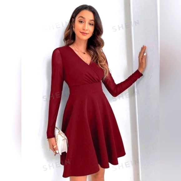 🍷💃SHEIN Frenchy V-Neck Wine Mesh Mini Dress - Aline, Twirl-Worthy Skirt (XS) - Picture 1 of 11